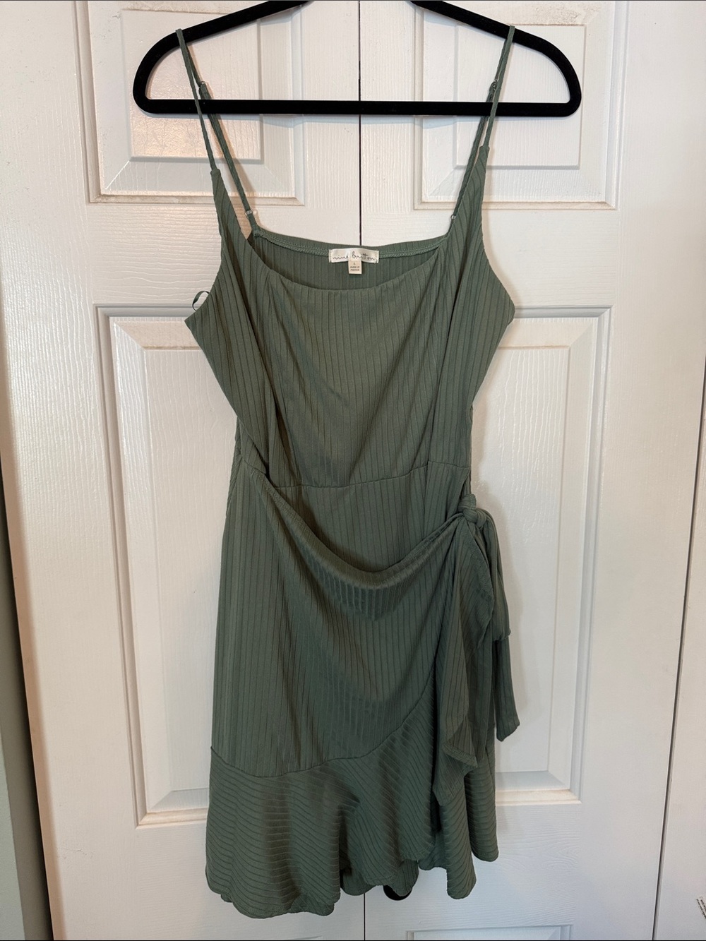 Nine Britton. Olive Green Ribbed Tie-Side Mini Dress